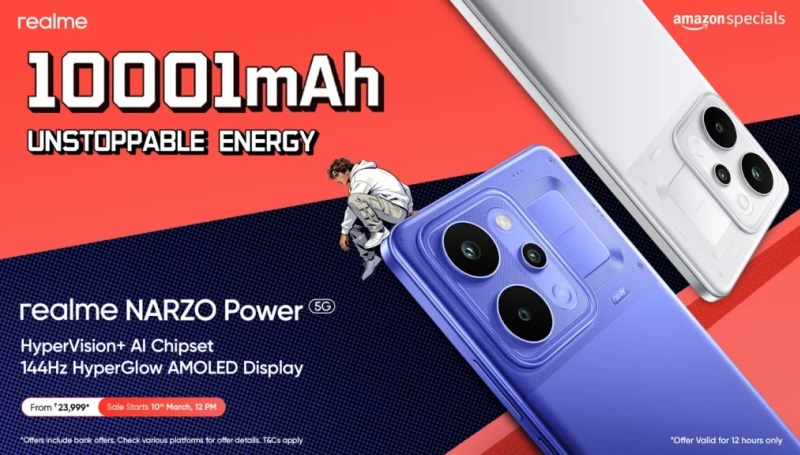 Realme发布了Narzo Power 5G，配备10001毫安时电池，售价305美元。